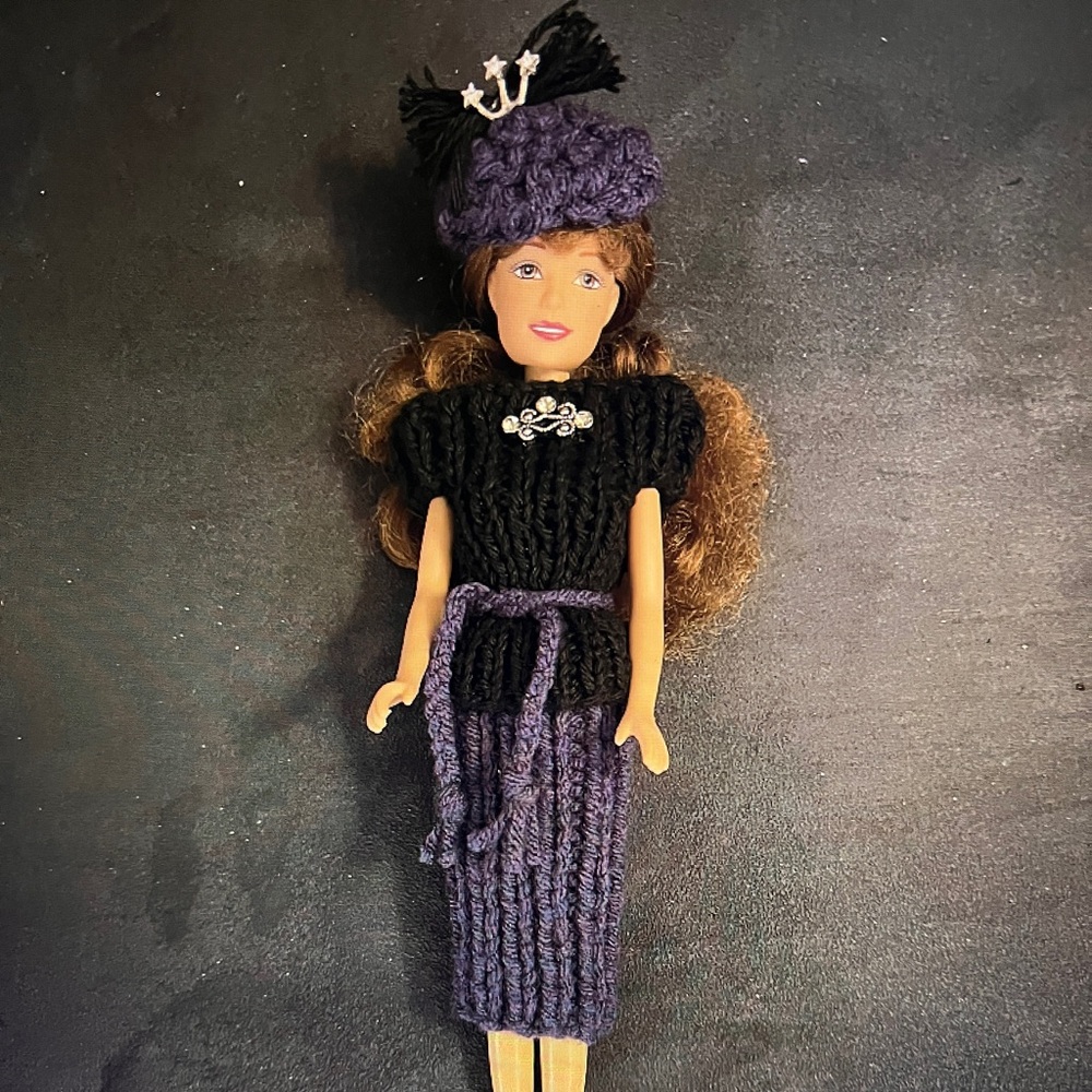 Handmade Knit Outfit for Barbie. Black and Purple With accessories  pictured!
